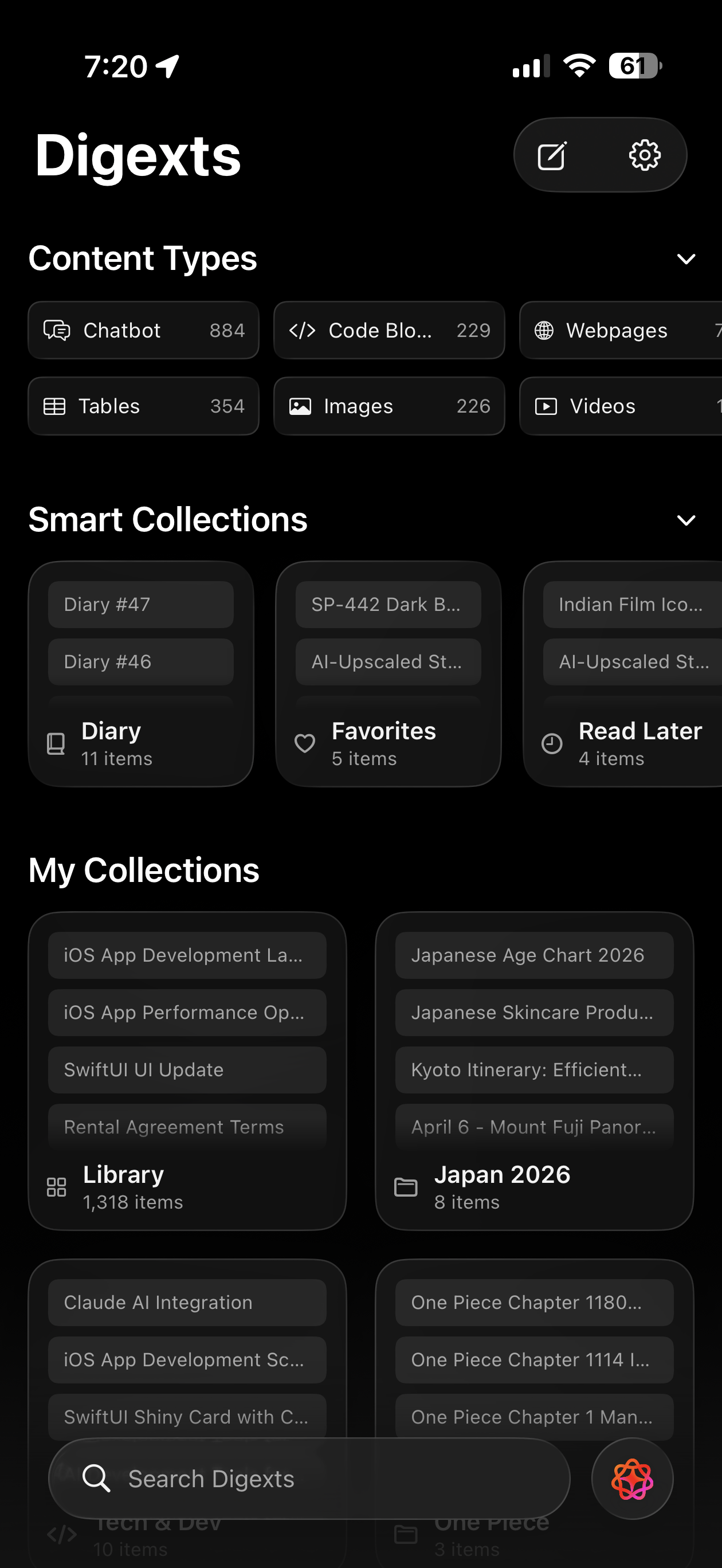 Digext home screen showing content types and collections